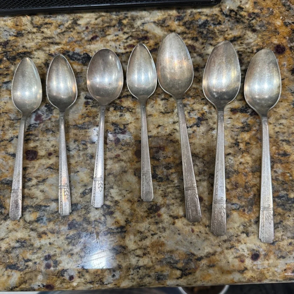 Vintage Simeon L & George H Rogers Silver Plate Spoons Set of 7 Art Deco Floral